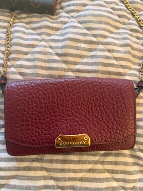 Burberry Burgundy Pebbled Leather Chain Crossbody with Gold Hardware
